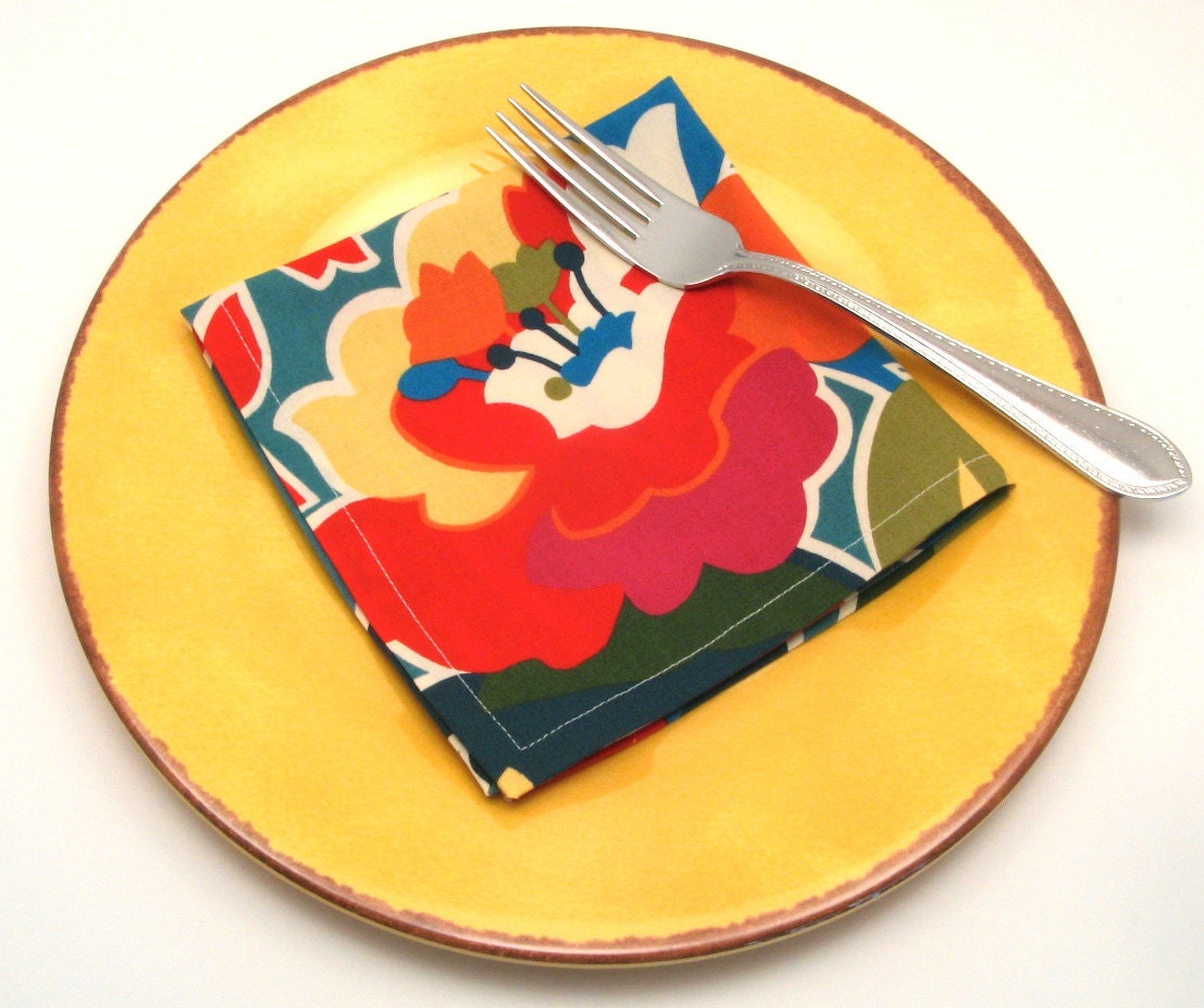 Bright Floral Cloth Cocktail Napkins, Orange and Red, Teal, 12 Inch, Set of Four
