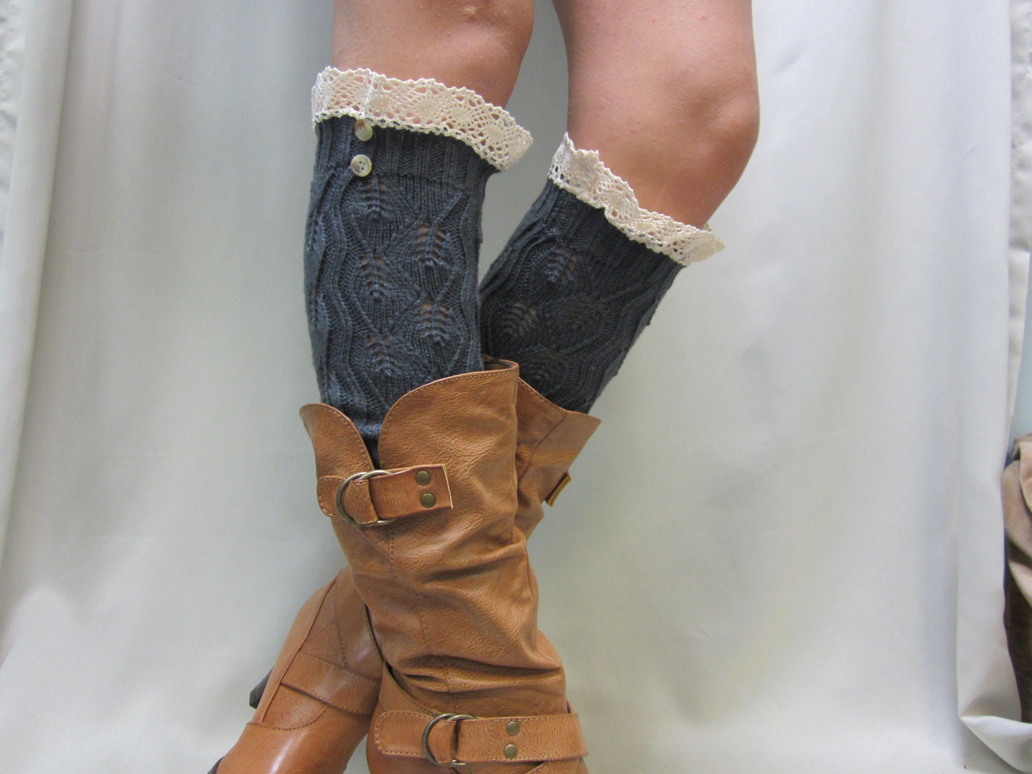 Lace leg warmers CHARCOAL GREY cluny lace 2 tortoise buttons womens leaf knit pattern great with all boots by Catherine Cole Studio