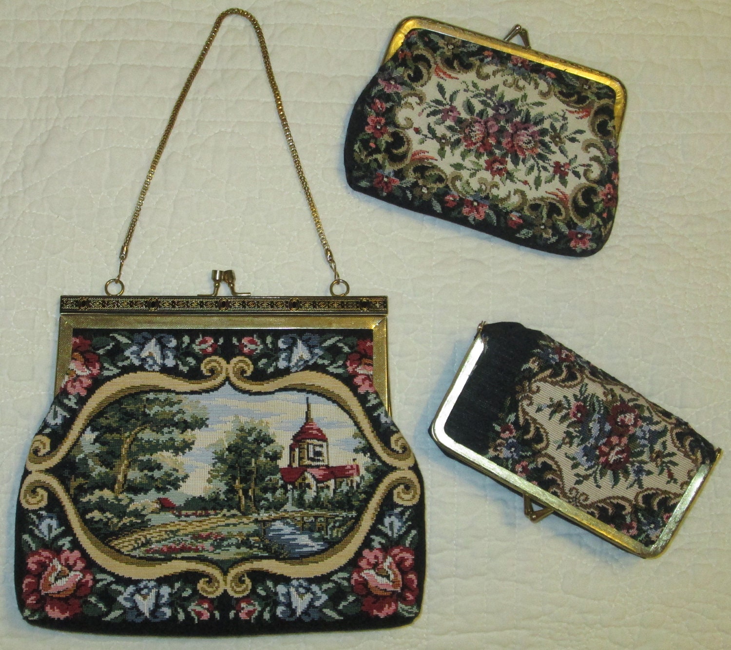60s Vtg New WALBORG Black Floral Landscape TAPESTRY Petit Point PURSE Bag Clutch w/ Matching Kisslock Coin Purse Wallet Lipstick Case