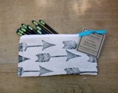 Arrows Pencil Case Back to School Zippered Canvas Pouch Block Print in Black ink