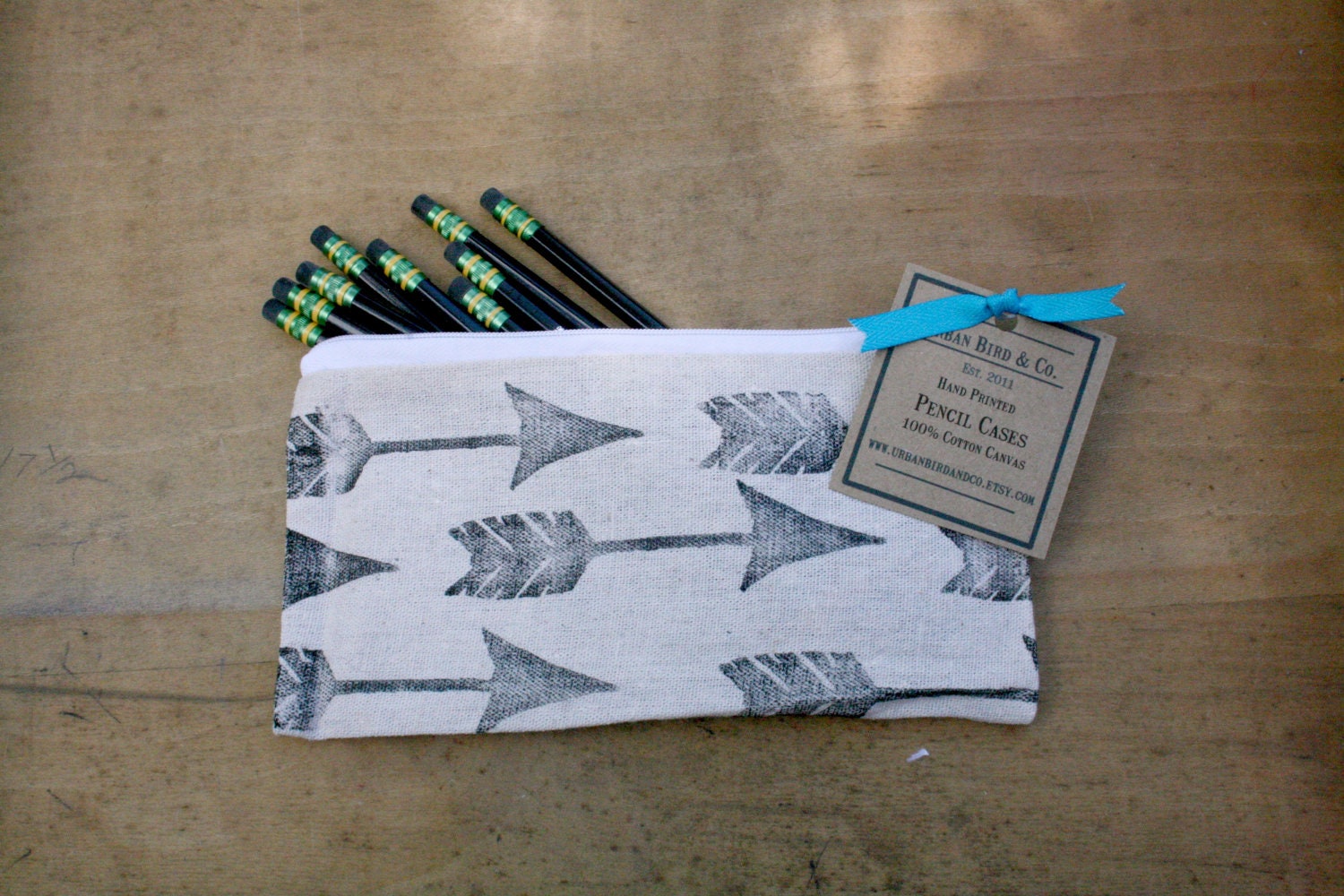 Arrows Pencil Case Back to School Zippered Canvas Pouch Block Print in Black ink