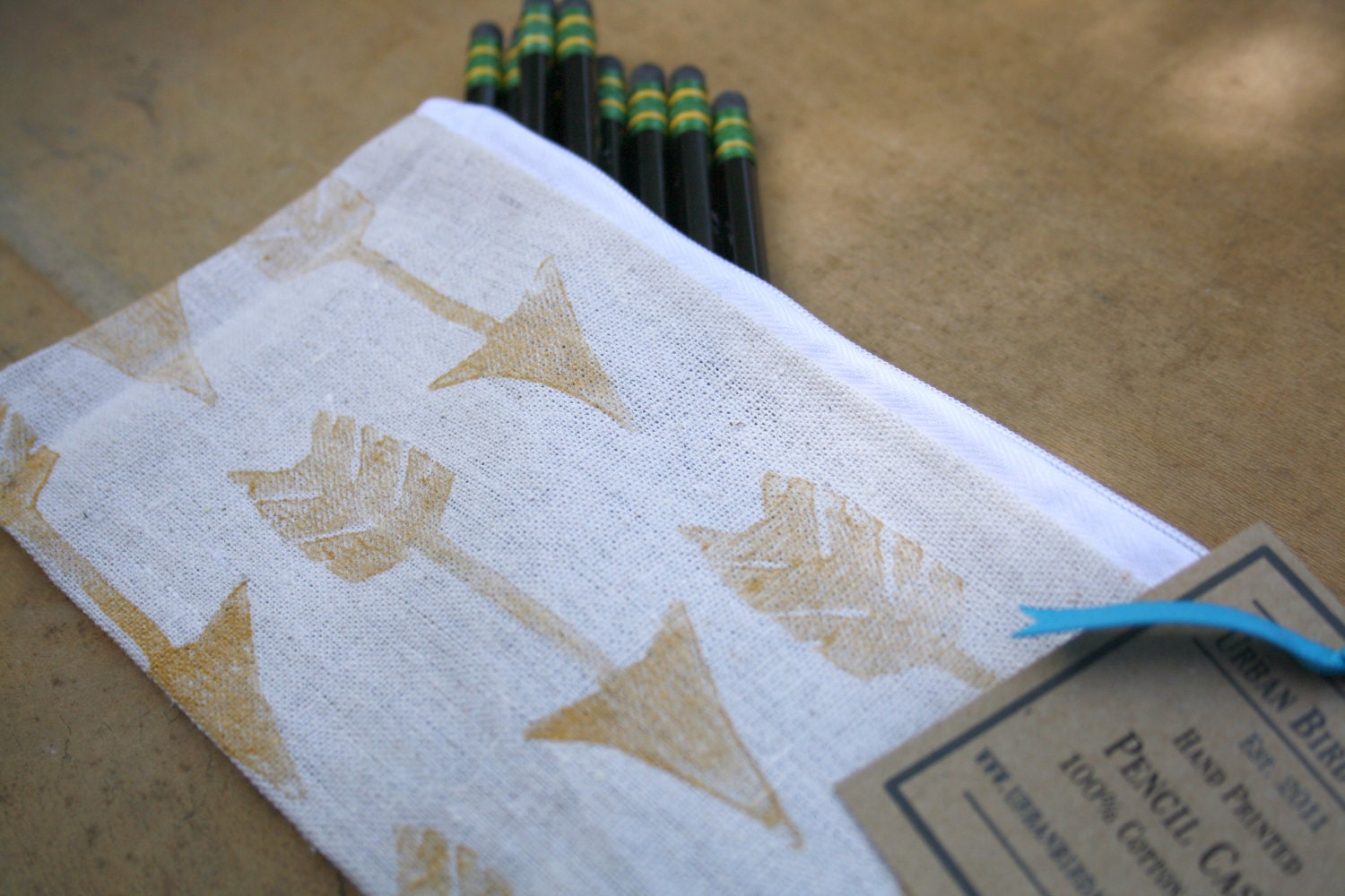 Arrows Pencil Case Back to School Zippered Canvas Pouch Block Print in Metallic Gold ink