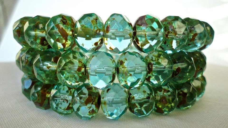 Czech Rondells Picasso Aqua Glass Beads 10 Pieces