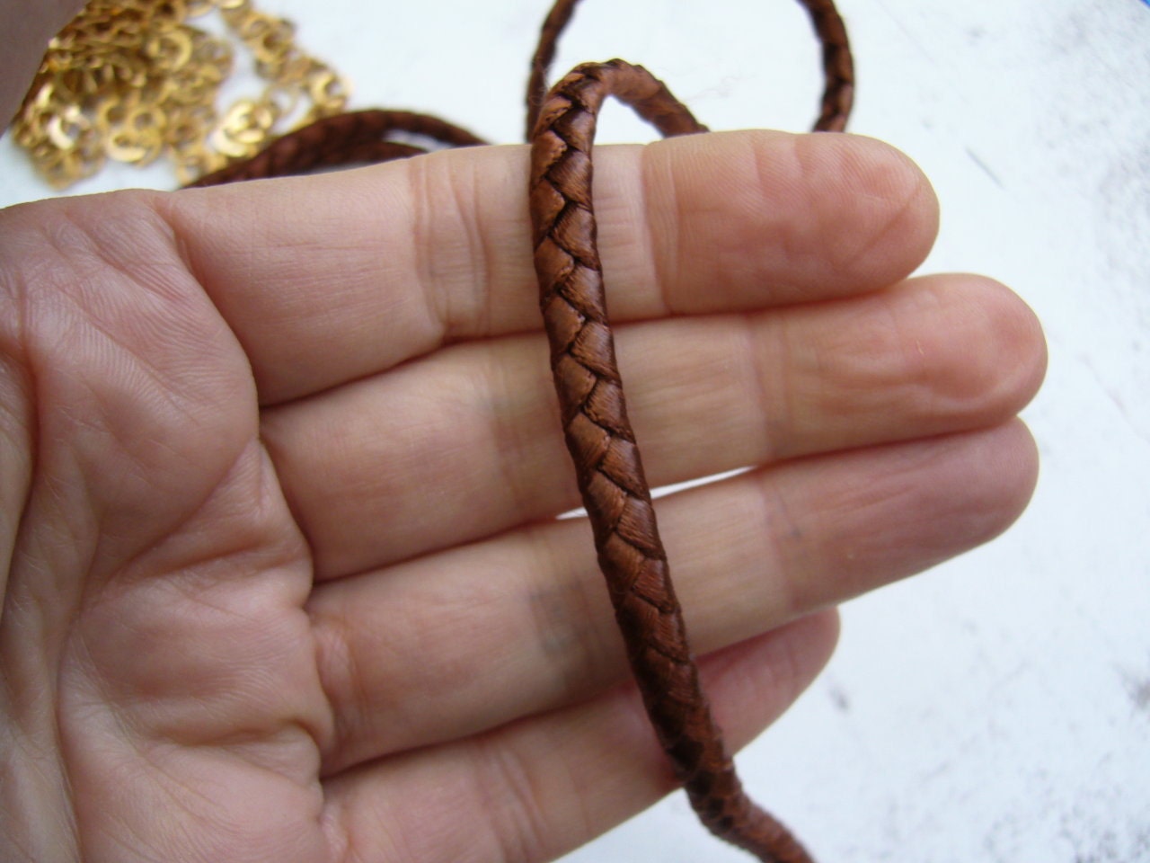 Leather brown color  braided  flat silk cord for jewelry making   100 cm