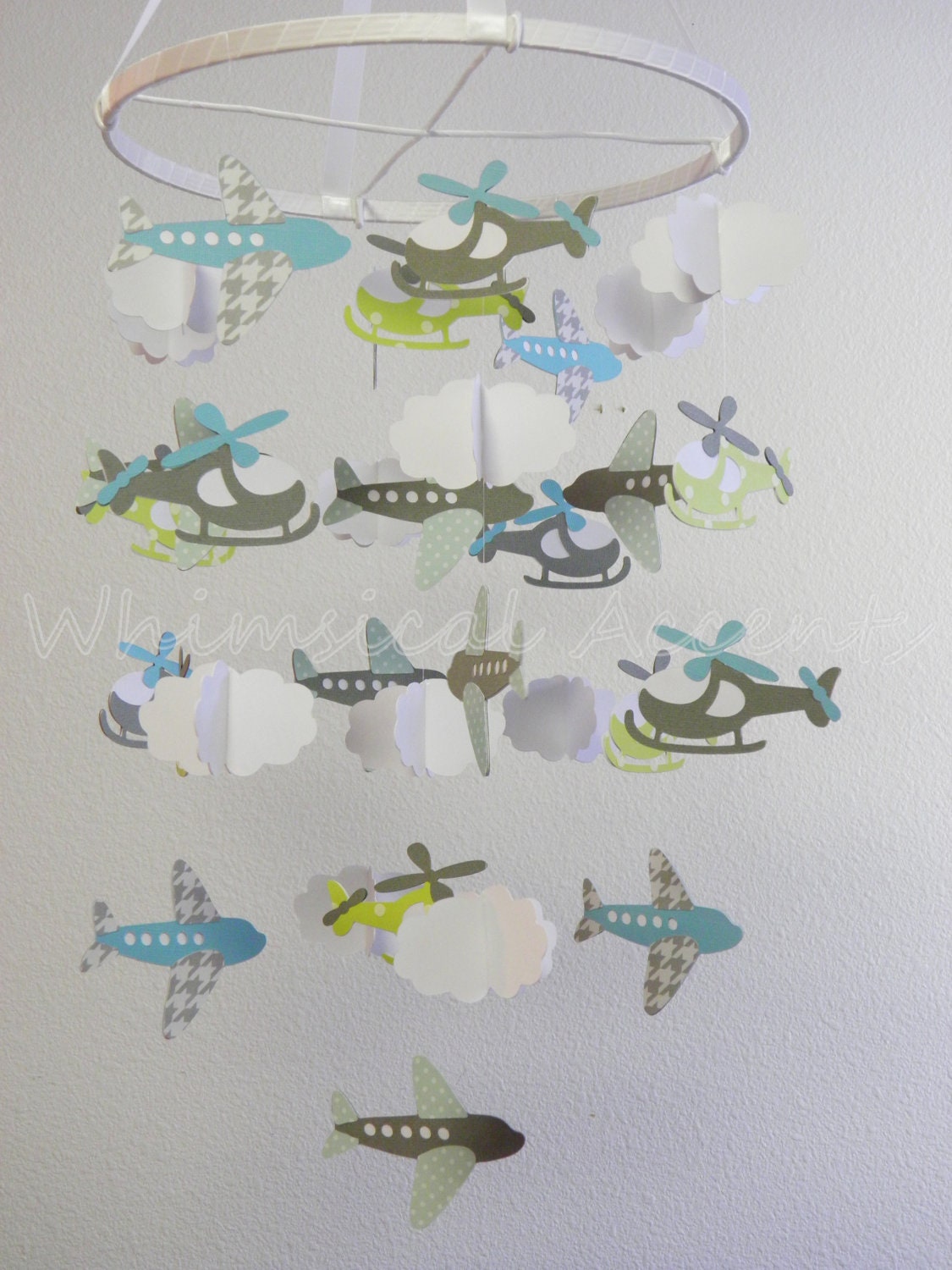 Airplane, Helicopter and Cloud Baby Paper Mobile in Blue and Gray