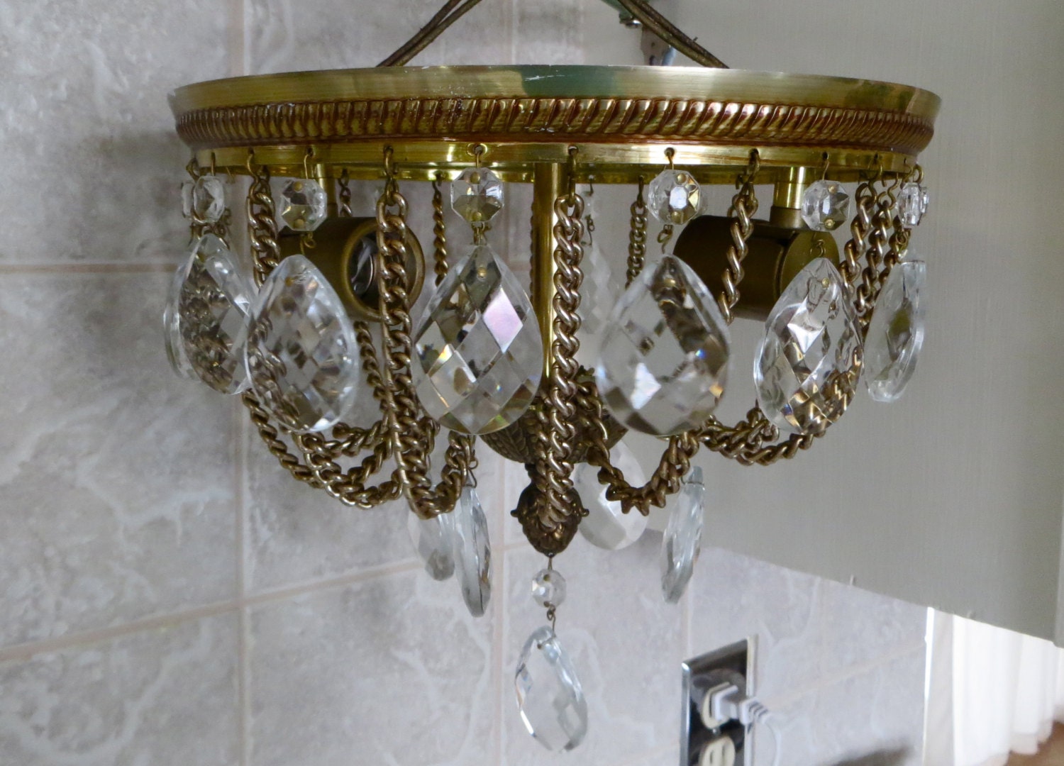 Flush Mount Chandelier with Crystals Art Nouveau  Light Fixture Vintage Lighting