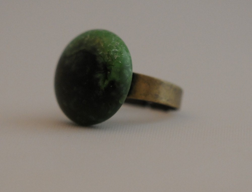 Lucky Green Glass Vintage Marble Recycled Into a Ring Adjustable Antique Finish