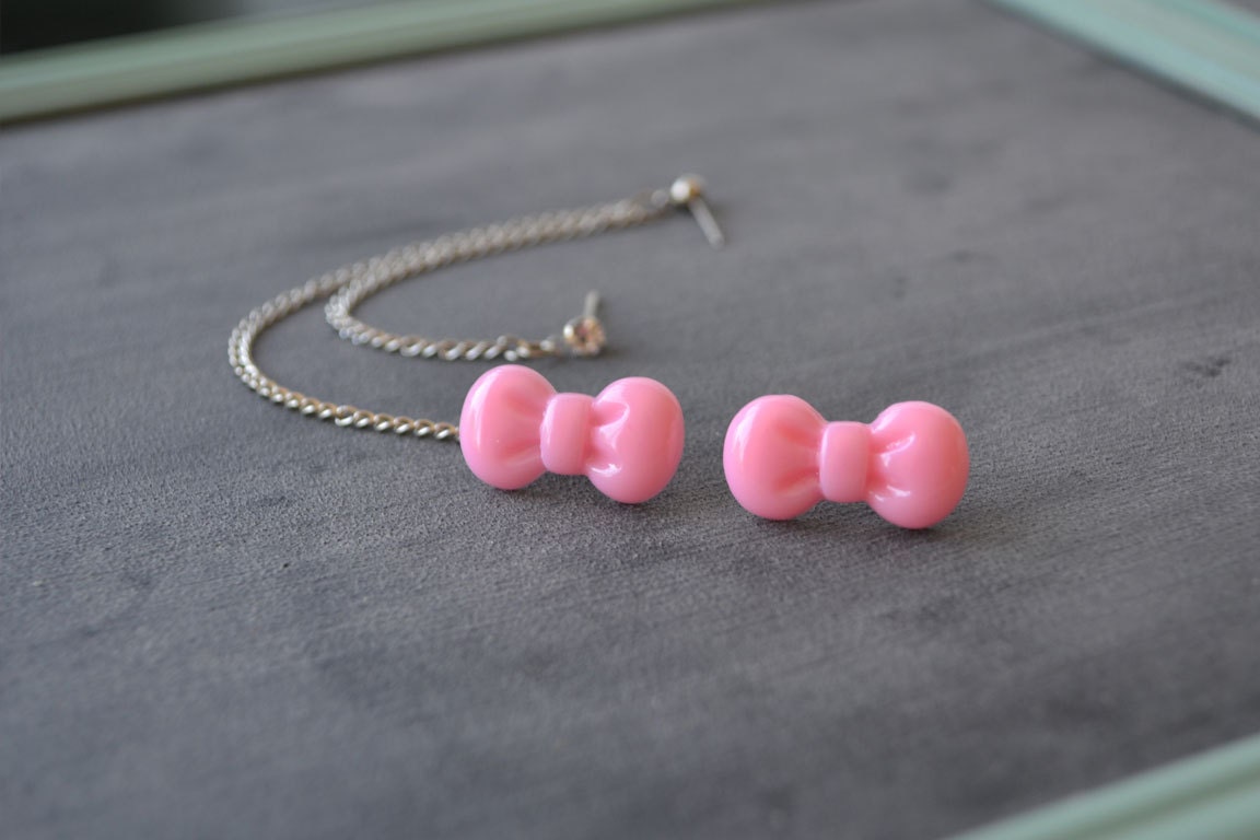 Pink Bowtie and Crystal Multiple Pierce Silver Cartilage Earrings (Pair)