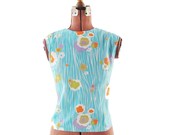 Vintage 1960's Blue Floral Op Art Summer Abstract Pin Up Blouse L