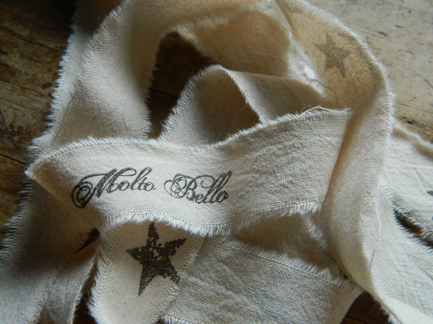 Molto Bella - Very  Beautiful in Italian - Hand stamped natural muslin ribbon - 2 ribbons -each 1 yd long - 3/4" -1 " wide