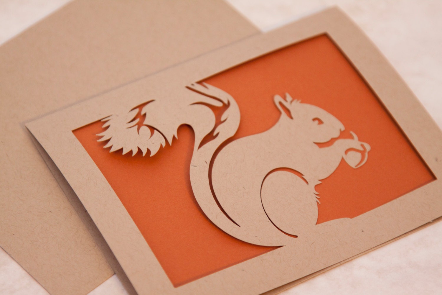 Squirrel Card of Cut Paper in Recycled Kraft and Burnt Pumpkin