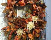 Fall Autumn Halloween Thanksgiving Brown Orange Copper Cream Pumpkin Door Wreath