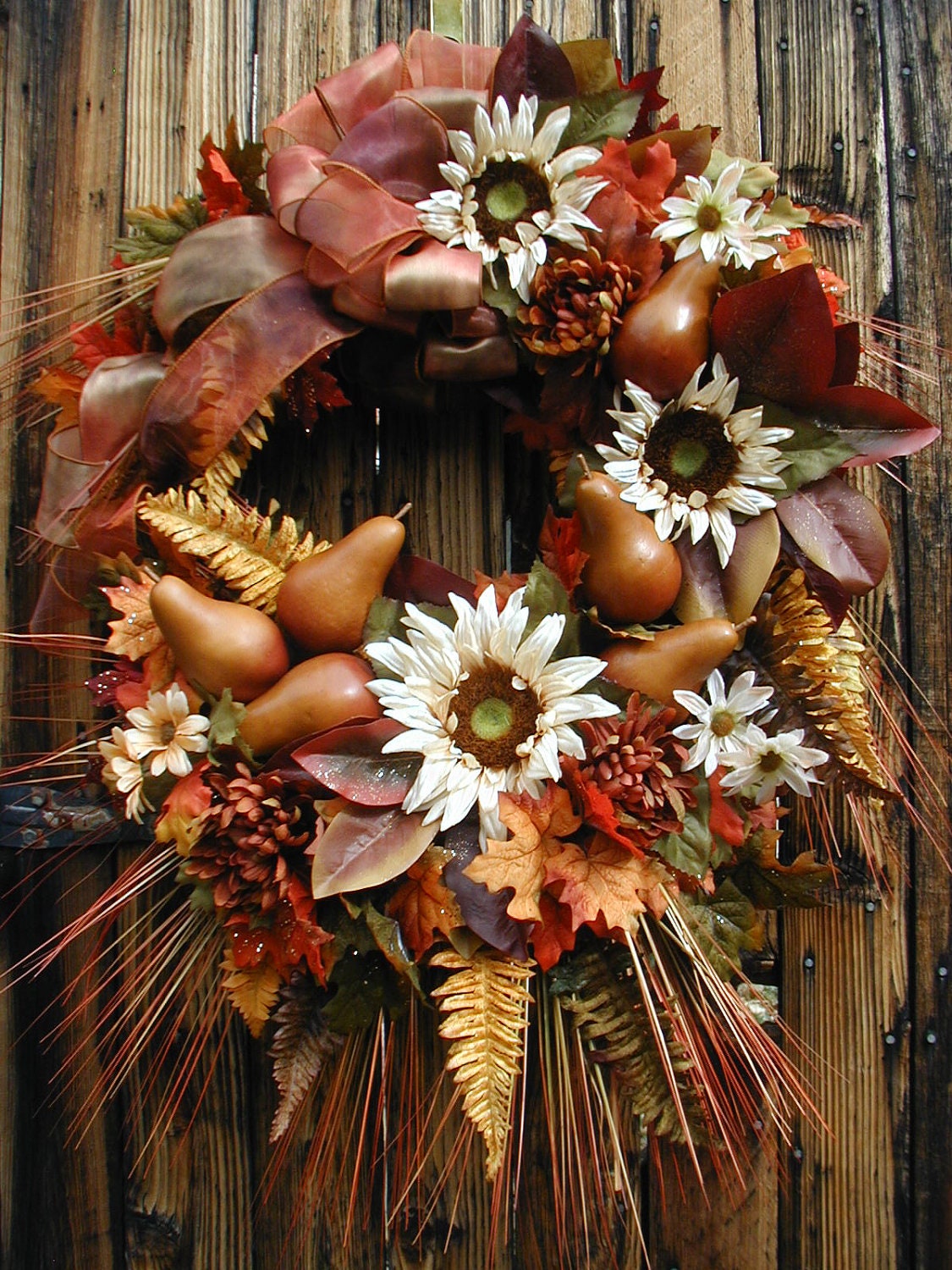 Fall Thanksgiving Pears Sunflowers Brown Burnt Red Golden Yellow Cream Decoration Arrangement Wall Door Wreath
