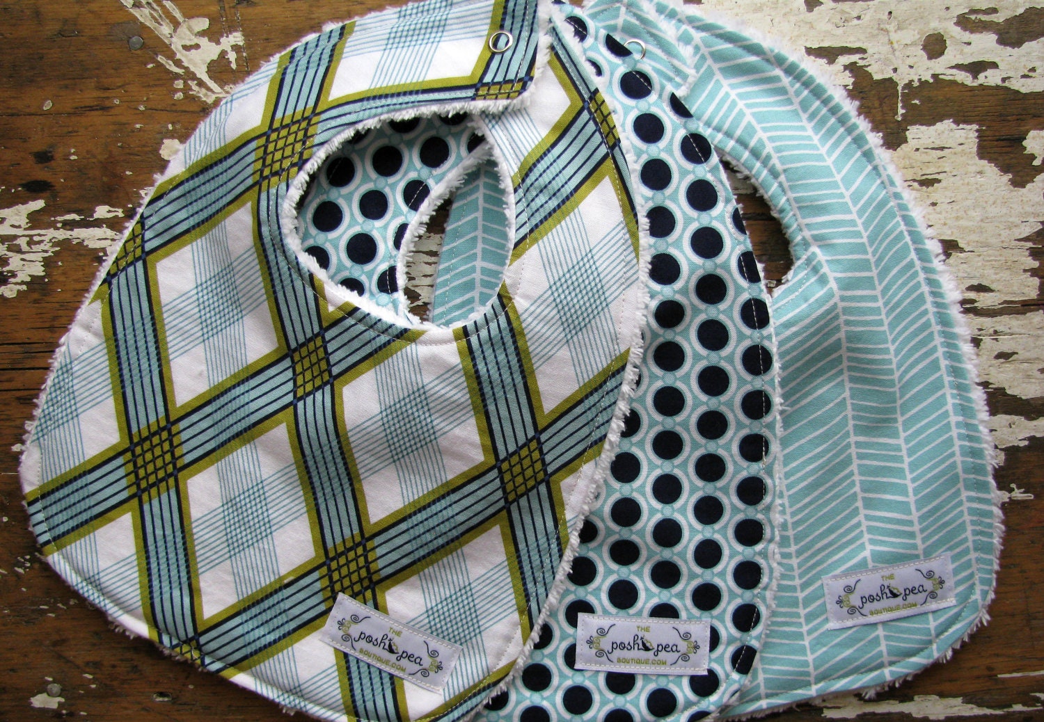 Boy Baby Bibs - Set of 3 - Chenille - Modern Meadow - Picnic Plaid, Acorn Chain & Aqua Herringbone - Navy Blue and Green