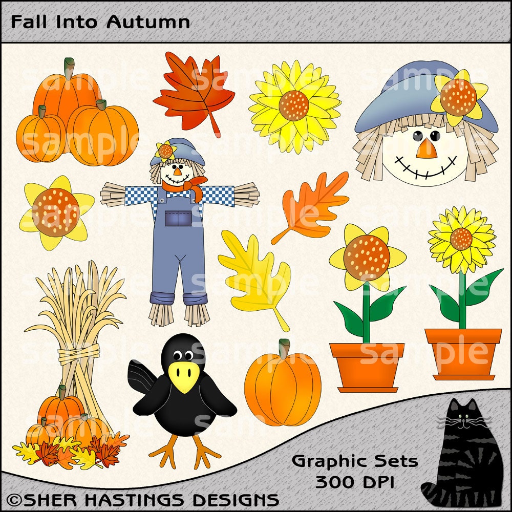 Fall Into Autumn Clipart and Graphic Set, Fall Clipart, Halloween Clipart, Autumn Clipart - Digital Scrapbooking Kit