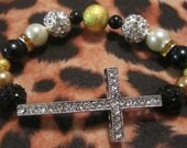 Rhinestone Sideways Cross Stretchy Beaded Bracelet Black Gold and Silver