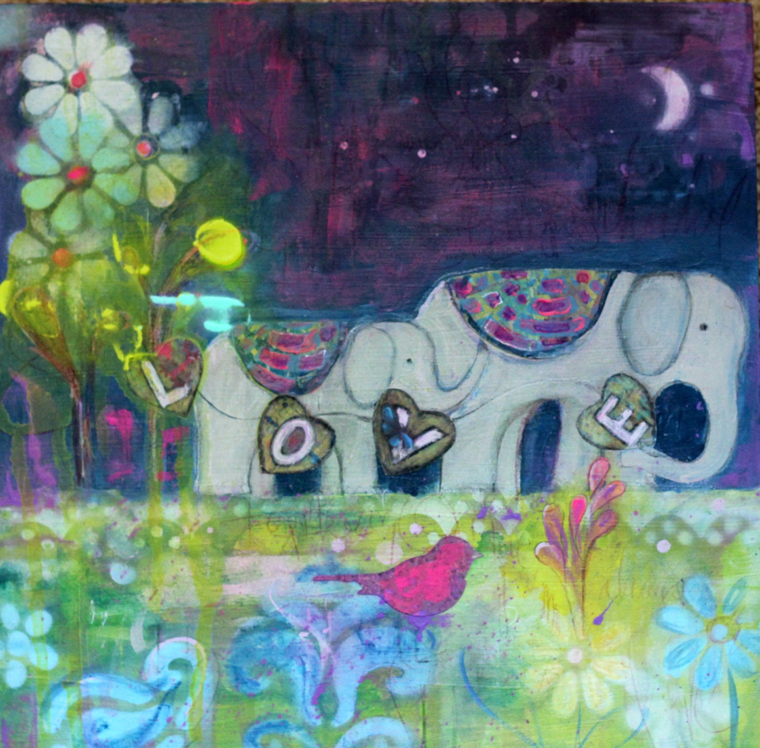 bohemian modern vintage whimsical circus elephant bird art print 8X10 blue pink lime mixed media