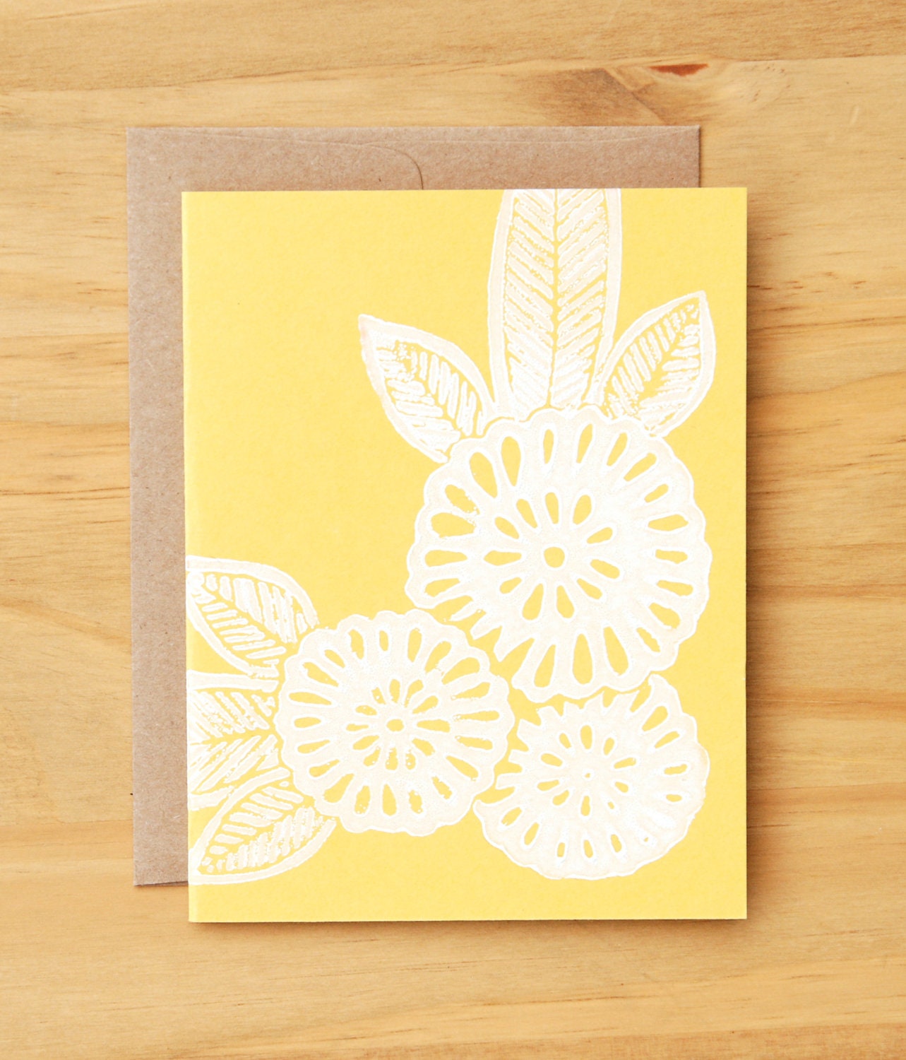 Single hand block printed card and envelope in mustard