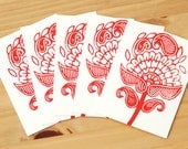Five hand block printed cards and envelopes