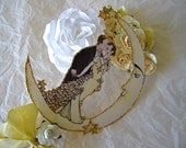 Vintage Moon Wedding Cake Topper - Deco Bride And Groom , Paper Rose - Small Size - Outlined in Gold Glitter