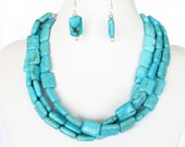 Chunky Turquoise Statement Necklace & Matching Earrings  Aqua Turquoise Jewelry Set Rectangle Turquoise Beads