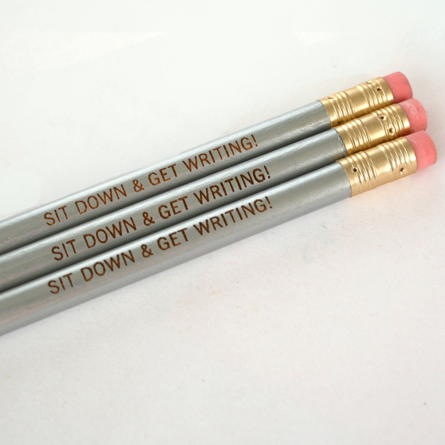 sit down and get writing 3 pencils in silver. because your thoughts cannot write themselves. halloween treats that won't rot teeth.