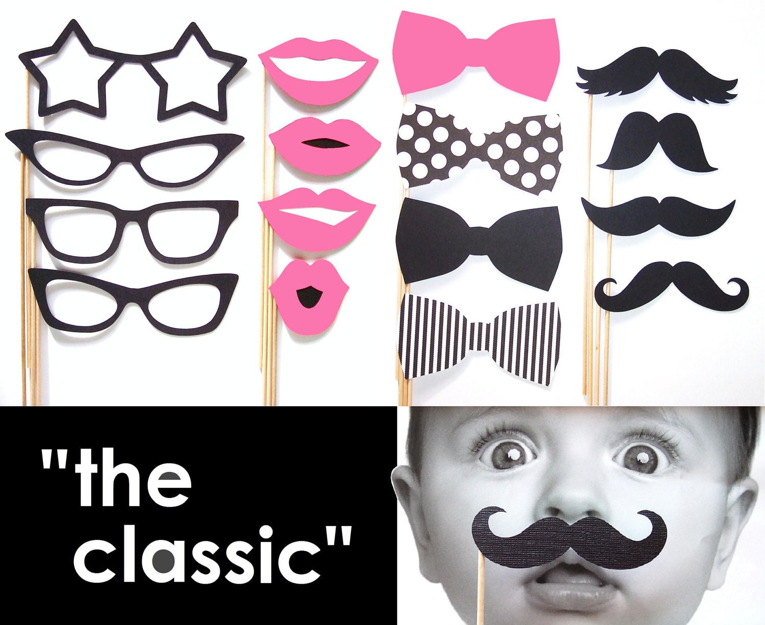 Photo Booth Props - Set of 16 - "The Classic" Pink and Black