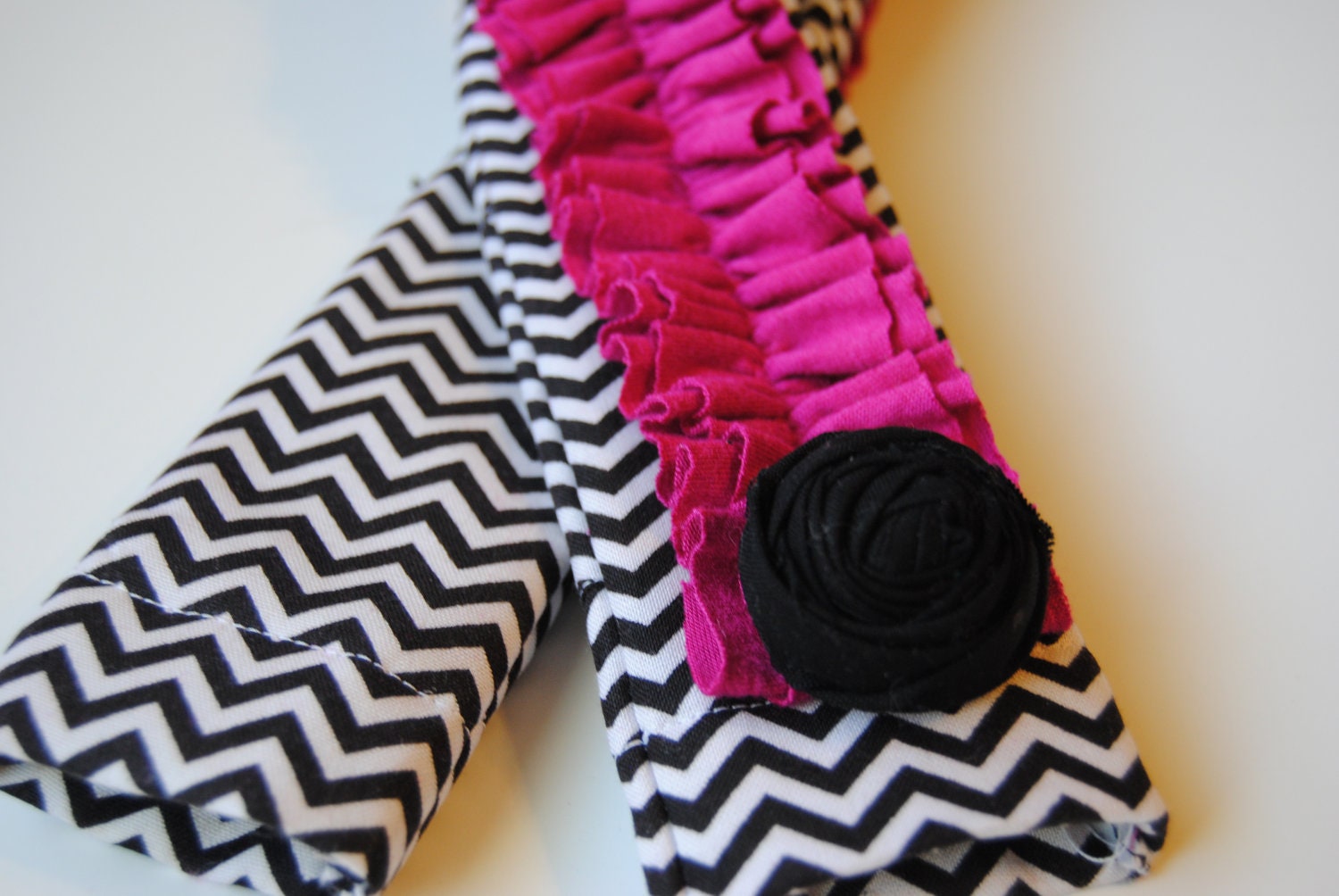 Ruffle Camera Strap Cover-Black and White Chevron with Bright Pink Double Ruffle and Rosette Pin and Lens Cap Pocket