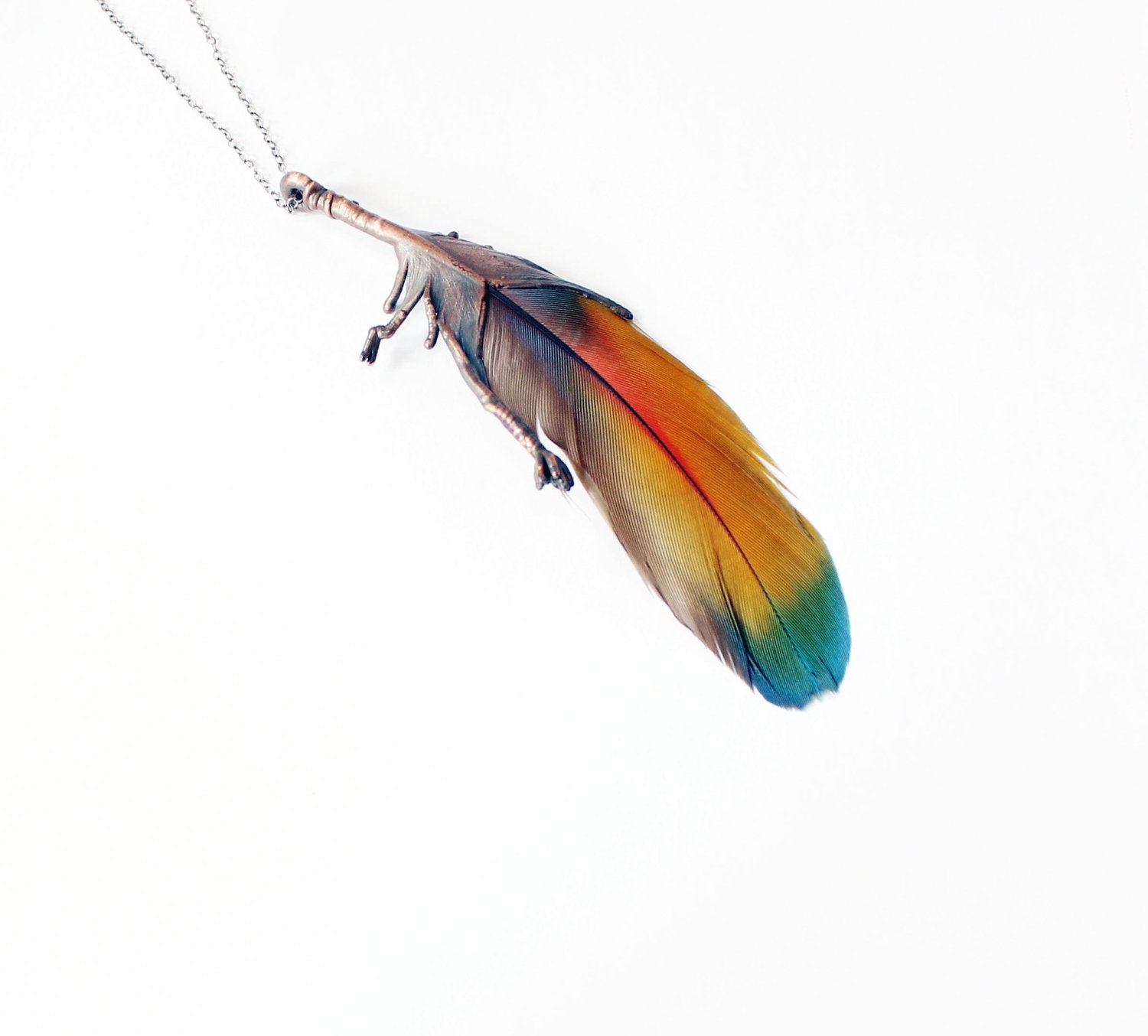 Yellow, red, and blue feather pendant