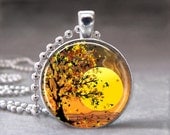 Autumn Tree Under the Sunset,  Altered Art Pendant, Photo Pendant, Glass Dome Pendant with Ball Chain - no. 084-23