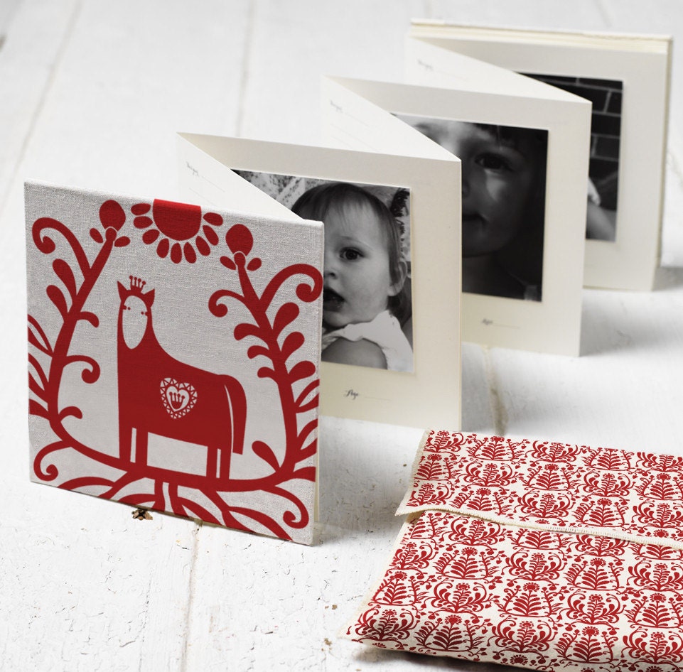 ONCE-A-YEAR BOOK, Red Horse folk design/ Hand bound baby's photo album keepsake & memory book, journal and first words notebook all in one.