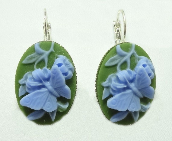 Earrings with Blue Butterflies on a Green Colored Cameo on Lever Back Hooks