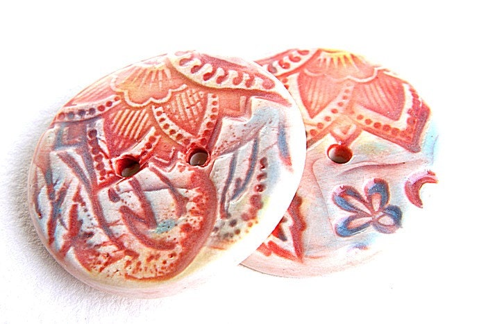 ceramic buttons coral lotus flower 2 holes set of two