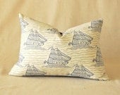 Nautical Pillow Cover Sailing Ship Navy Blue Stars Vintage 12"x16"