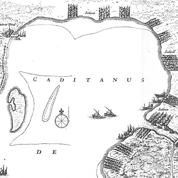 Map Bay of Cádiz Vintage Reproduction 1672   Insula Gaditana Vulgo Isla de Cádiz