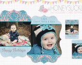 Peach Damask -- 5x7 Boutique Holiday Christmas Photo Card Template PSD Photoshop