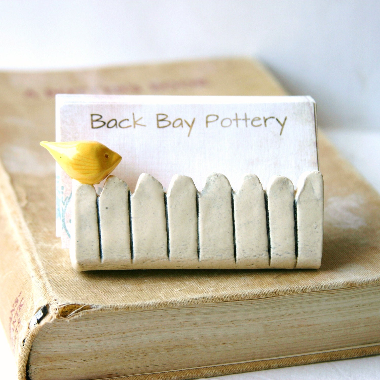 Little Bird On a White Picket Fence - Ceramic Business Card Holder - Light Yellow
