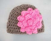 Crochet Baby Girl Hat Beanie With Pink Dahlia Flower