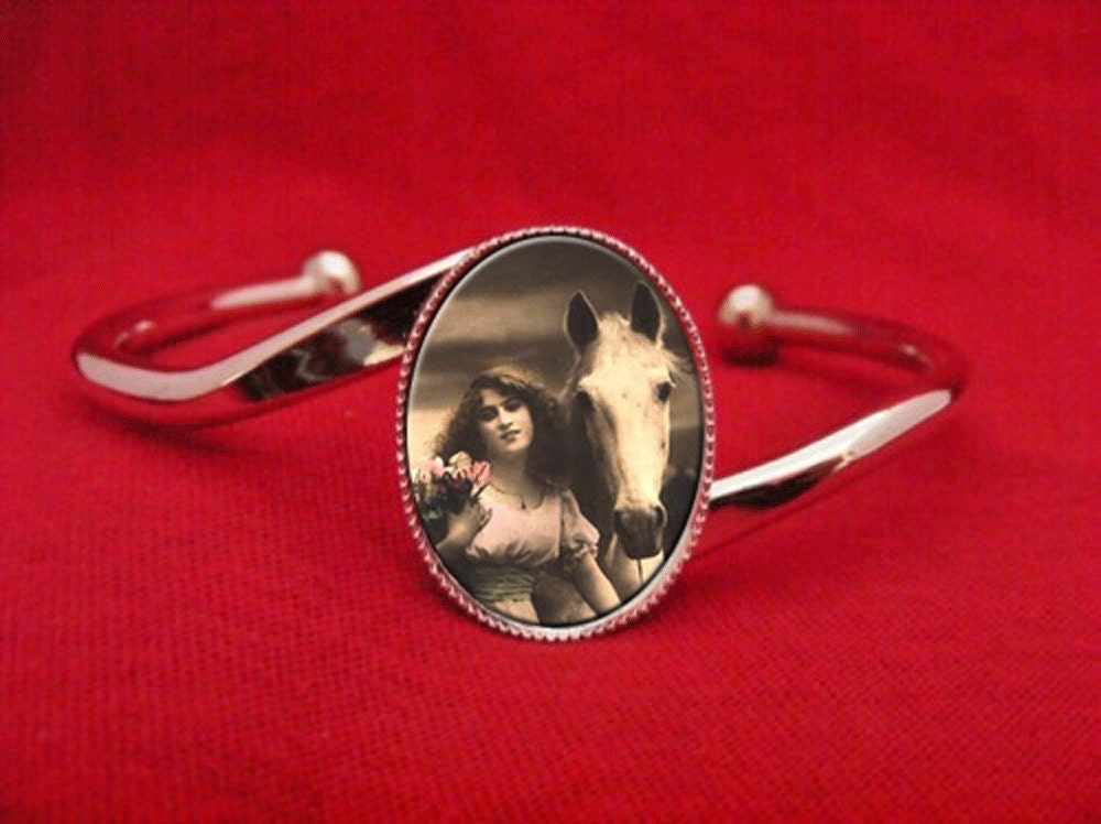 Edwardian Woman and Horse art nouveau Fantasy Animal Lover esquerian Elegant Trendy Silver Tone Cuff Bracelet Bezel