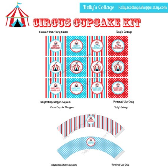 Instant Download Circus Birthday Party Cupcake Kit- 2 Inch Party Circles and Cupcake Wrappers Il_570xn