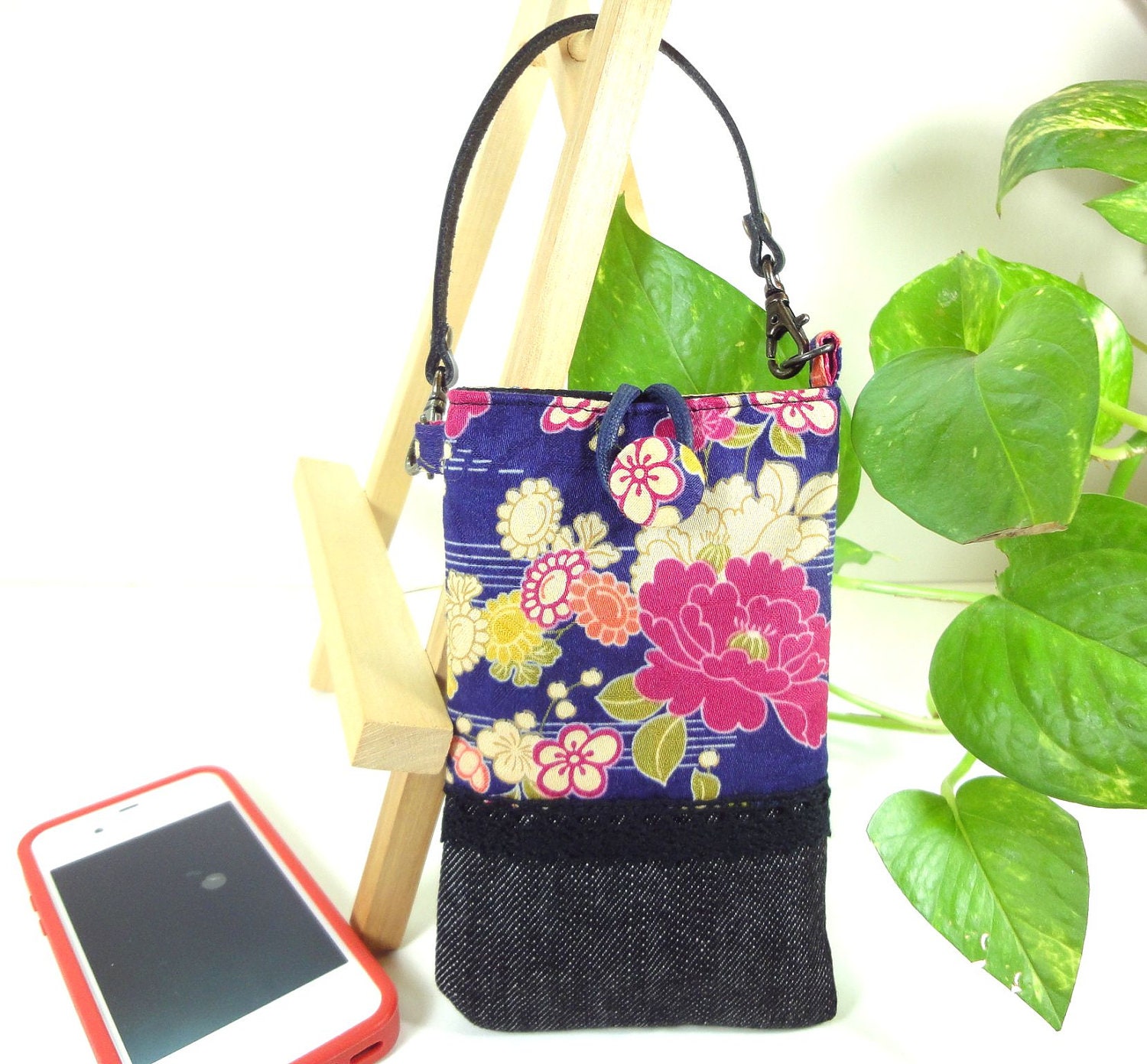 Handmade Smart Phone case - motorola droid pouch - Kimono iPod cover Kimono Cotton fabric Peony ultramarine