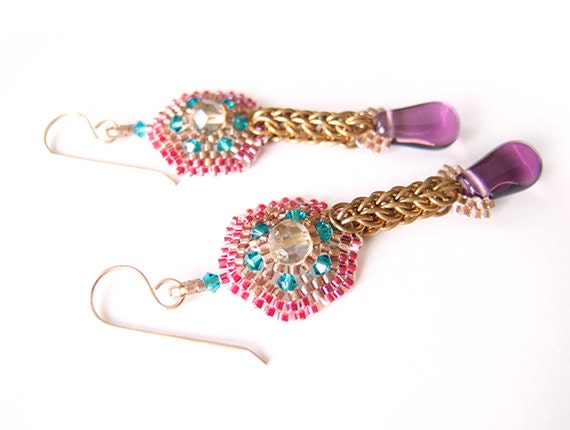 Purple Flower Earrings, Gold Chainmaille Earrings, Amethyst Earrings, Luxe Earrings, French inspired, OOAK by JeannieRichard