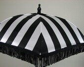 VICTORIAN PARASOL in Elegant Black and Pure White Stripe Satin and Embellished with Black Fringe