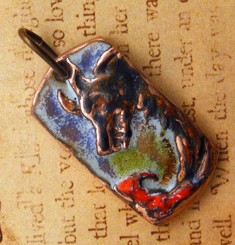 Red Riding Hood Pendant - Hand Sculpted Copper Enamel Pendant - Red Riding Hood & the Big Bad Wolf