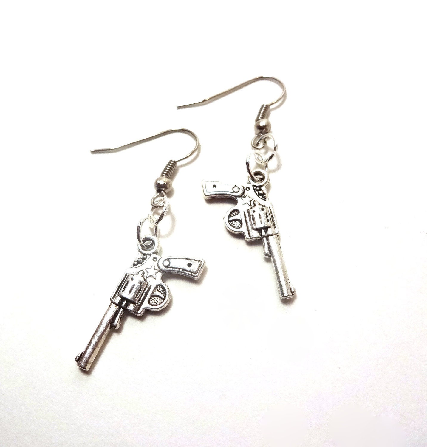 Silver Gun Earrings - Dangle - Gun Jewelry Pistol - Team Rick - Walking Dead