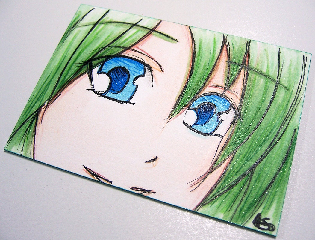 Original ACEO - Anime Manga Green Hair Girl - OOAK ATC Glitter Illustration - Blue Eyes - Copic Markers - Sketch Card