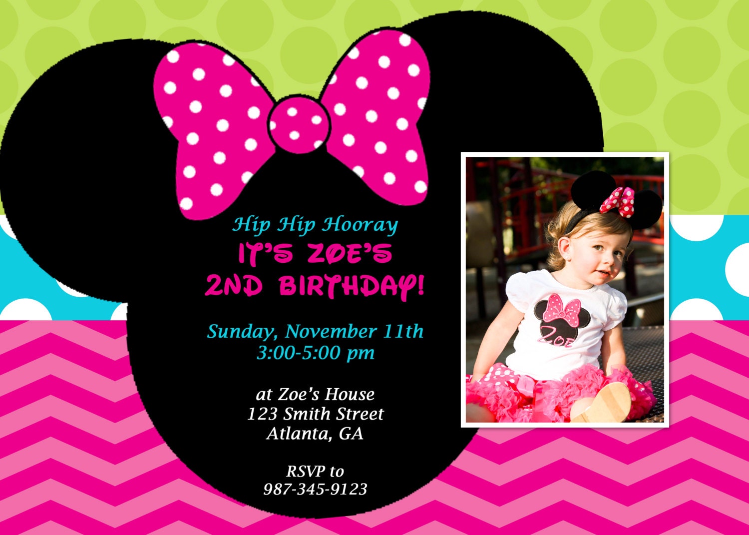 Printable Birght Colored Minnie Mouse Birthday Invitation. Customized Photo Card. Fun Minnie Mouse Invitation Il_570xn