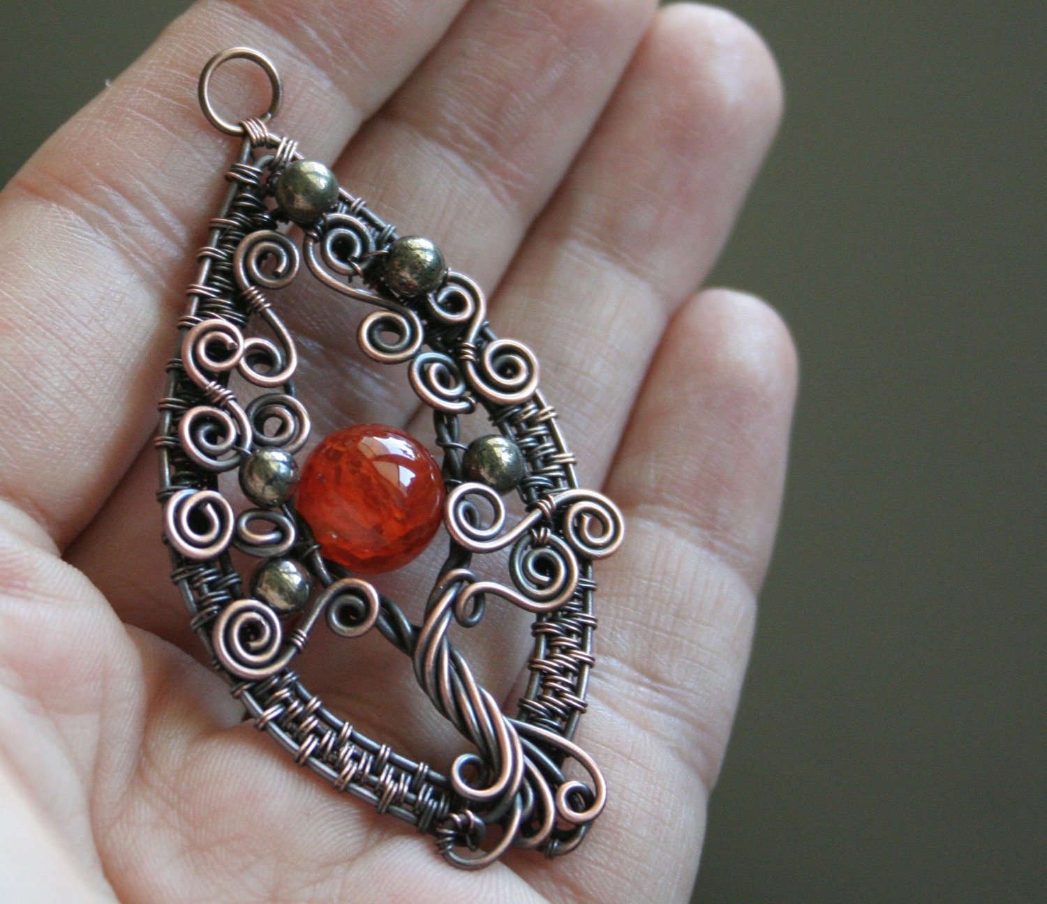 Red Autumn - deep orange dragon vein agate and pyrit copper wire wrapped wowen tree pendant