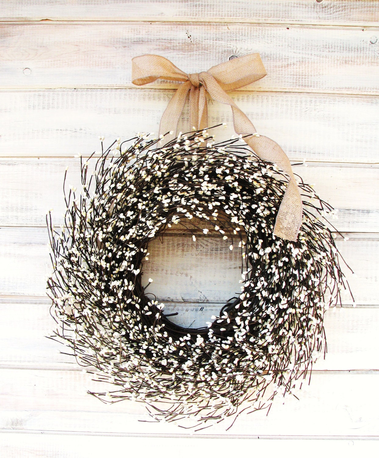 BURLAP & ANTIQUE WHITE Door Wreath- Rustic Winter Wreath-Christmas Door Wreath-Scented Vanilla Sugar-Custom Choose Scent and Ribbon - WildRidgeDesign