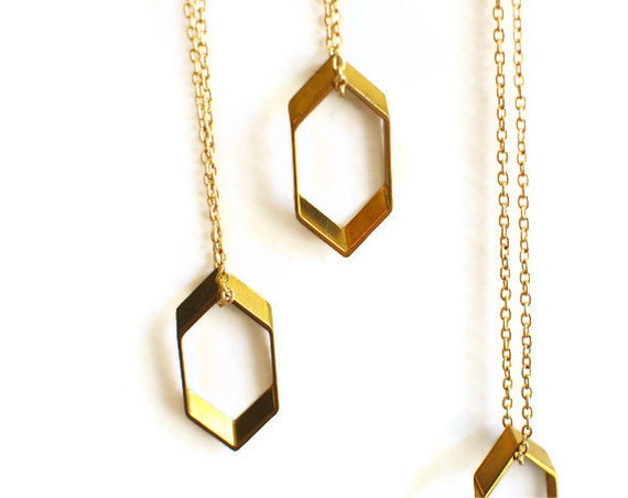 gold geometric hexagon pendant necklace - large brass hexagon charm